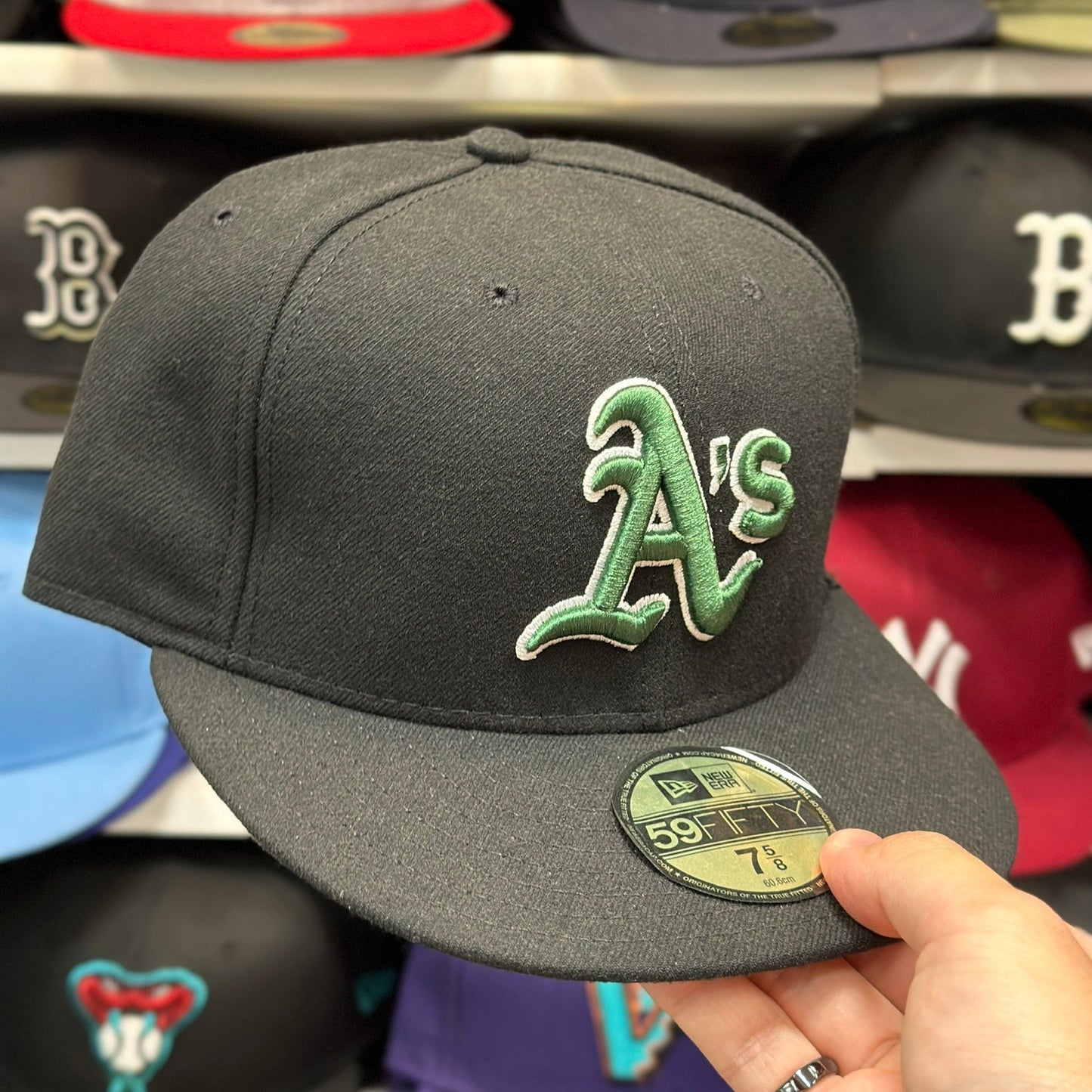 Oakland Athletics MLB Fitted Hat | New Era 59FIFTY Sized Cap | Black | Size 7 5/8