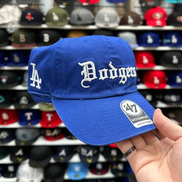 LA Dodgers MLB Dad Cap Old English Font '47 Brand Clean Up Adjustable Curve Hat Blue