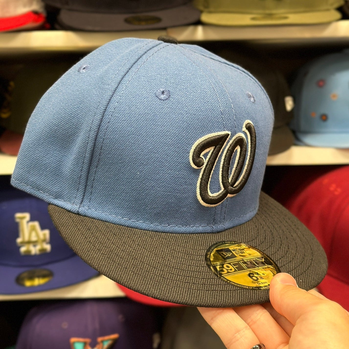 Washington Nationals MLB Vintage Fitted Hat | New Era 59FIFTY Sized Cap | Slate Blue/Black
