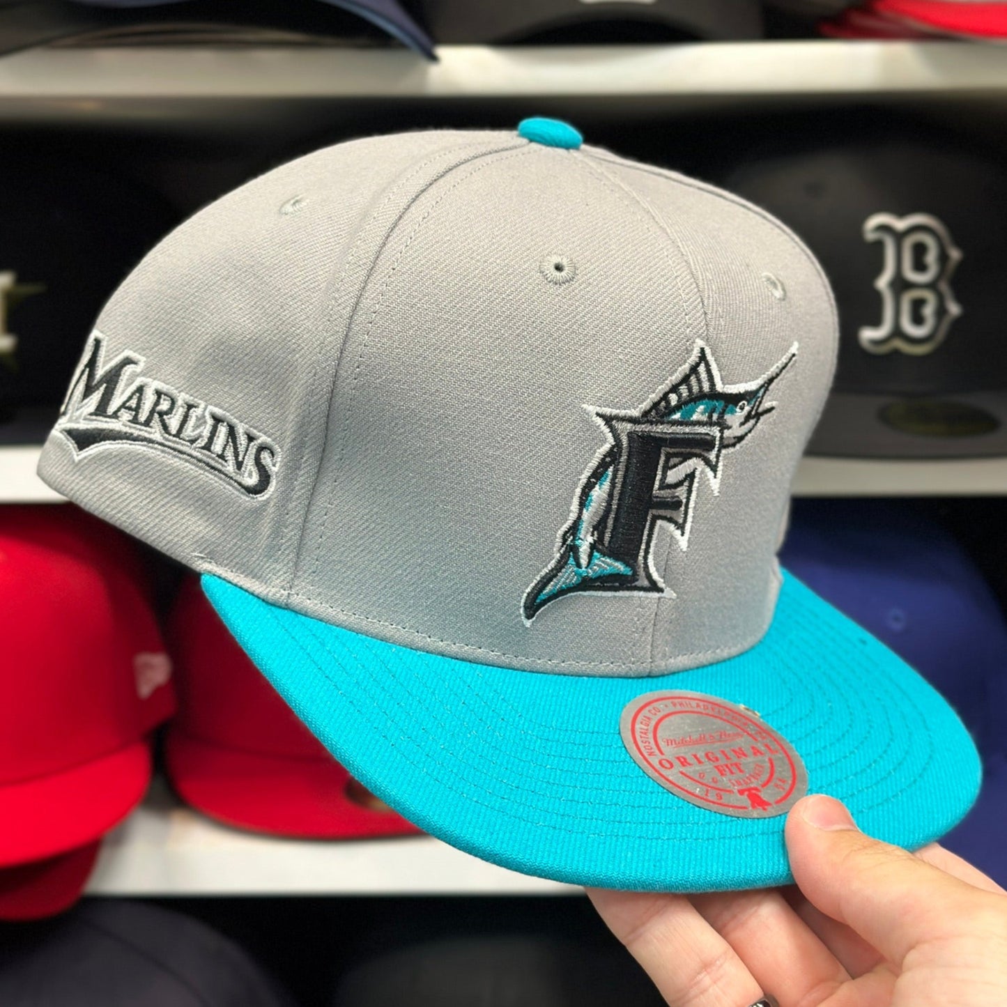 Florida Marlins MLB Snapback | Mitchell & Ness Original Fit Adjustable Hat | Silver/Teal