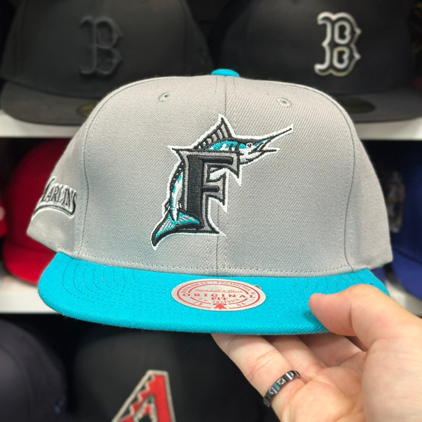 Florida Marlins MLB Snapback | Mitchell & Ness Original Fit Adjustable Hat | Silver/Teal
