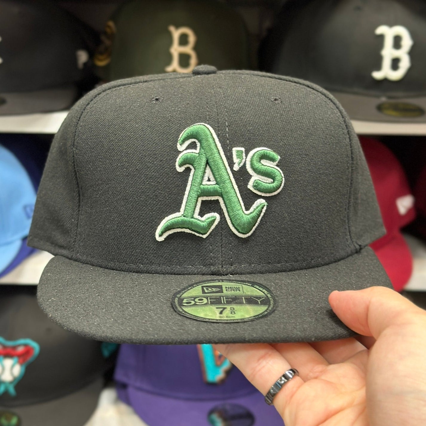 Oakland Athletics MLB Fitted Hat | New Era 59FIFTY Sized Cap | Black | Size 7 5/8