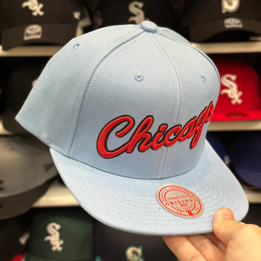 Chicago Bulls 'Script Logo' Baby Blue/Red Mitchell & Ness Snapback