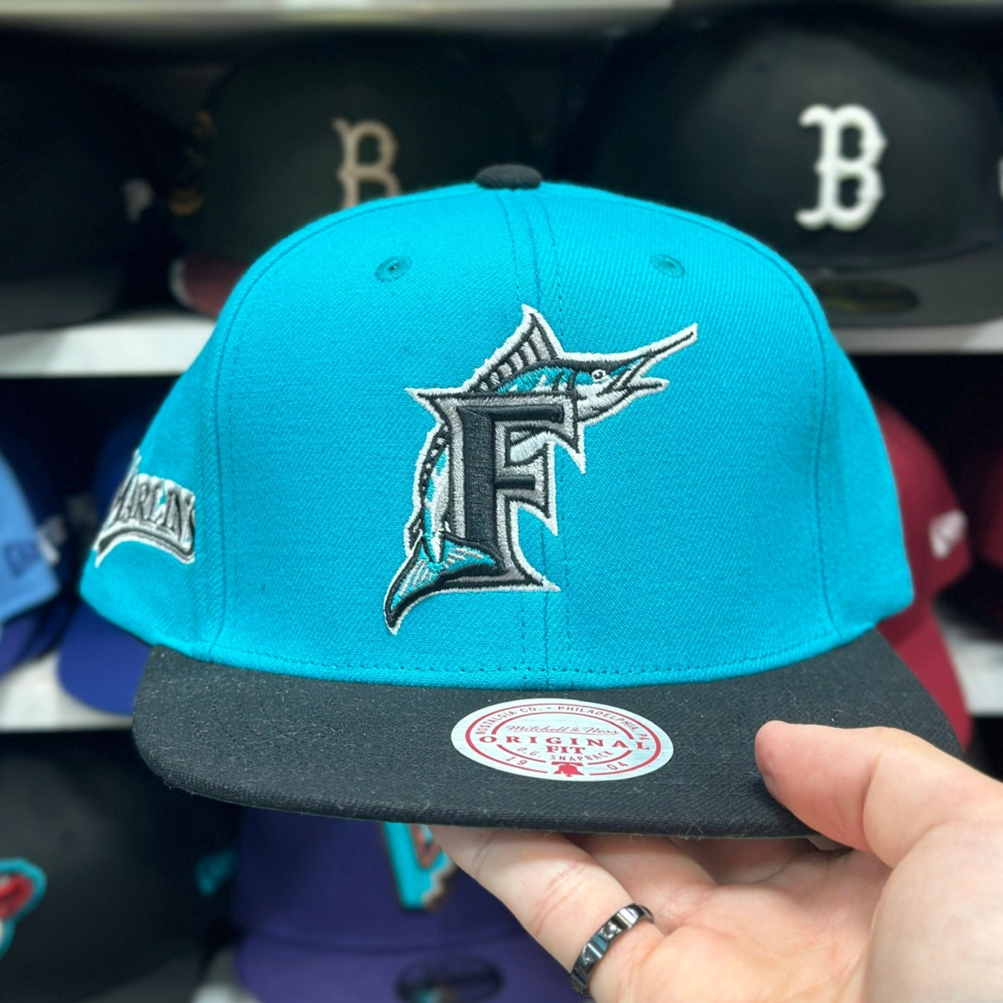 Florida Marlins MLB Snapback | Mitchell & Ness Original Fit Adjustable Hat | Teal/Black