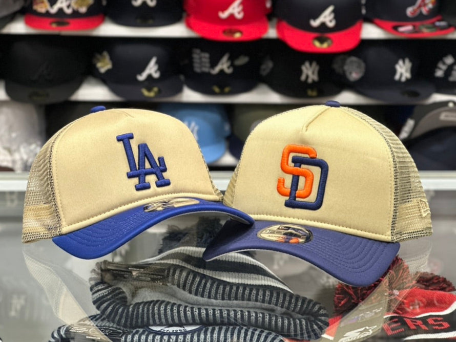 New Era Los Angeles Dodgers Foam A-Frame 9FORTY Trucker Snapback | Beige/Blue