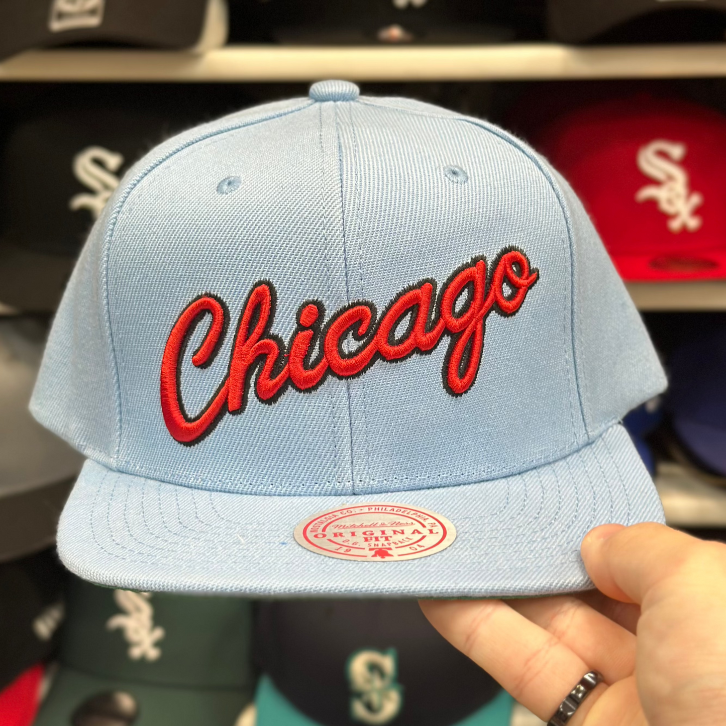 Chicago Bulls 'Script Logo' Baby Blue/Red Mitchell & Ness Snapback