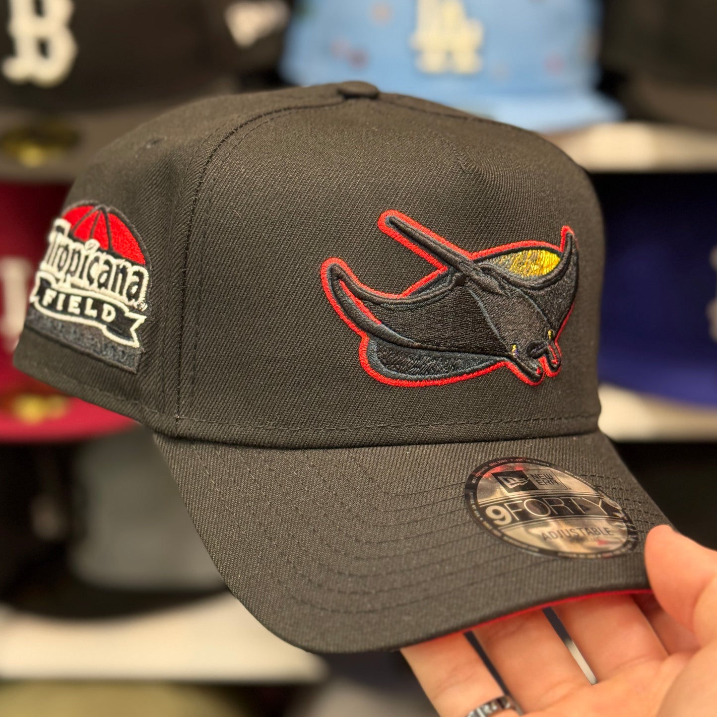 New Era Tampa Bay Rays 'Tropicana Field' A-Frame 9FORTY Snapback Black Red Under Brim