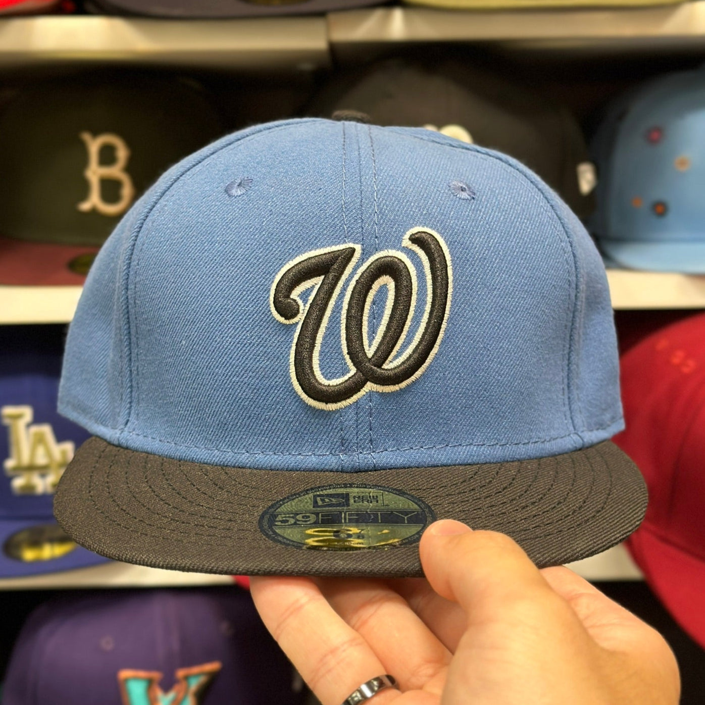 Washington Nationals MLB Vintage Fitted Hat | New Era 59FIFTY Sized Cap | Slate Blue/Black