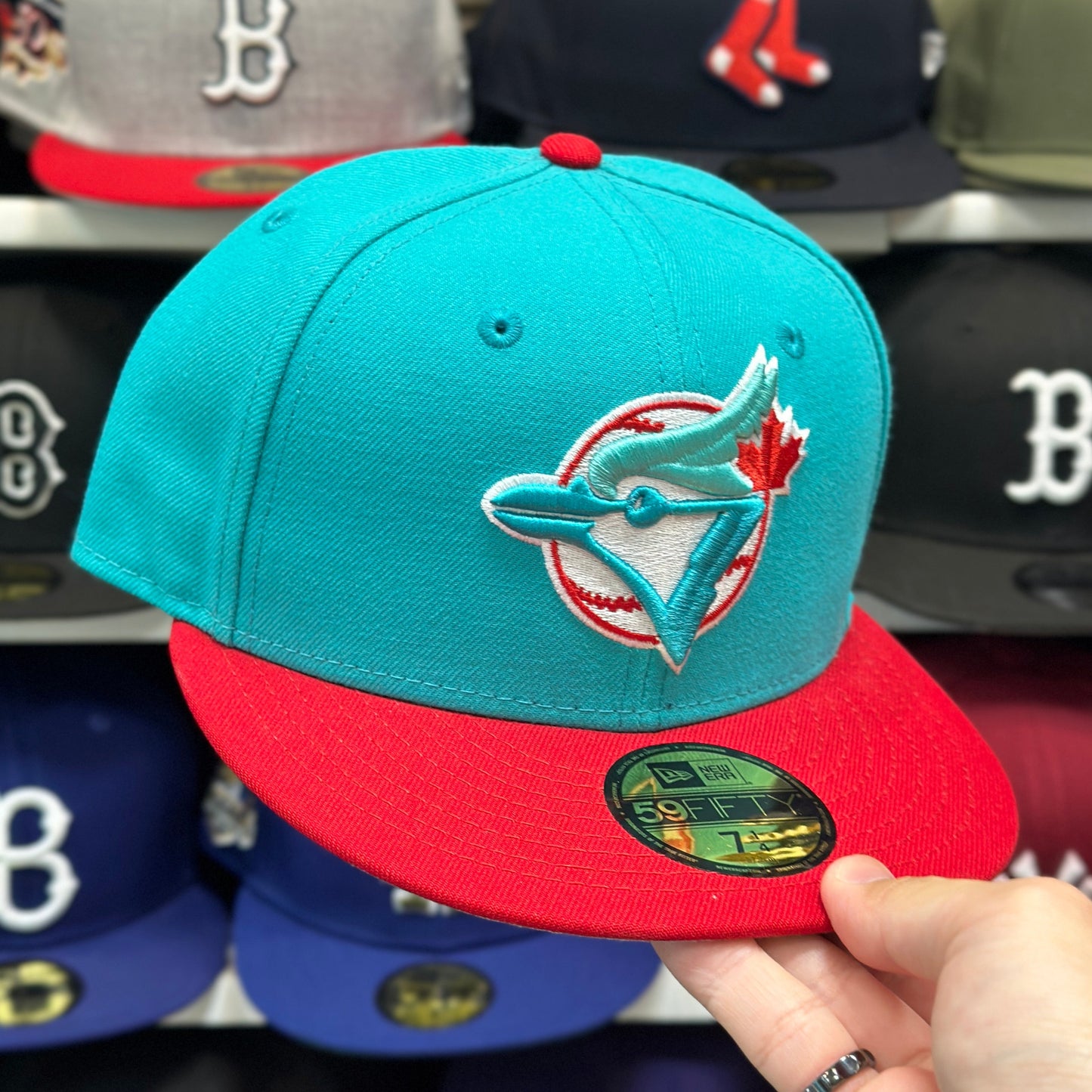 Toronto Blue Jays MLB Fitted Hat | New Era 59FIFTY Sized Cap | Teal/Red