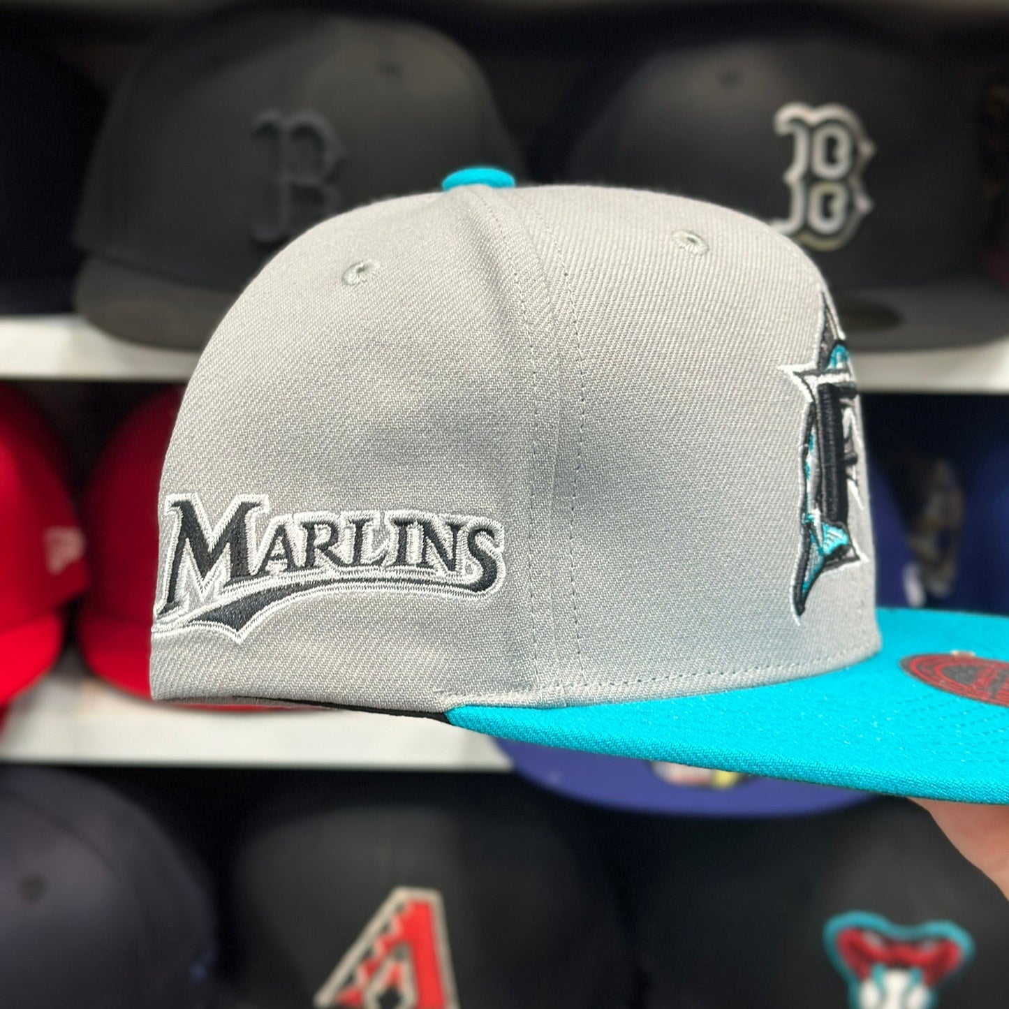 Florida Marlins MLB Snapback | Mitchell & Ness Original Fit Adjustable Hat | Silver/Teal