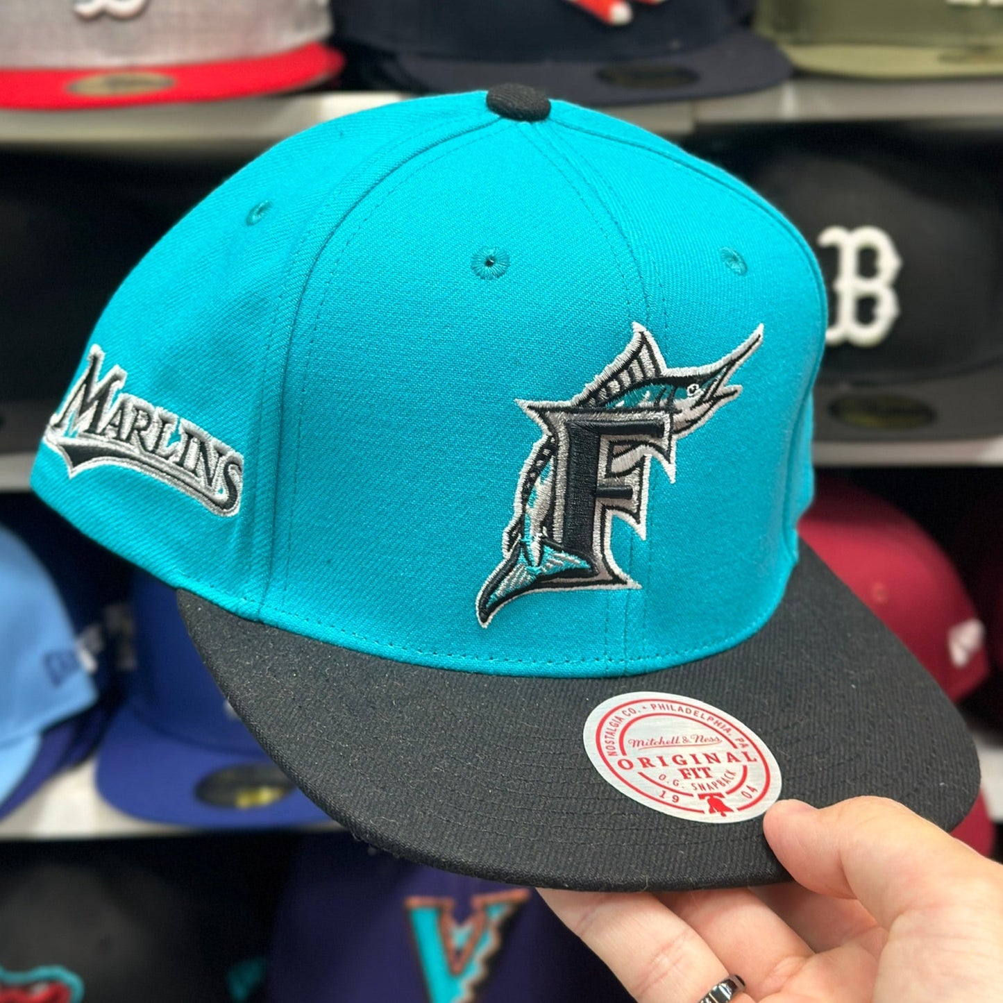 Florida Marlins MLB Snapback | Mitchell & Ness Original Fit Adjustable Hat | Teal/Black
