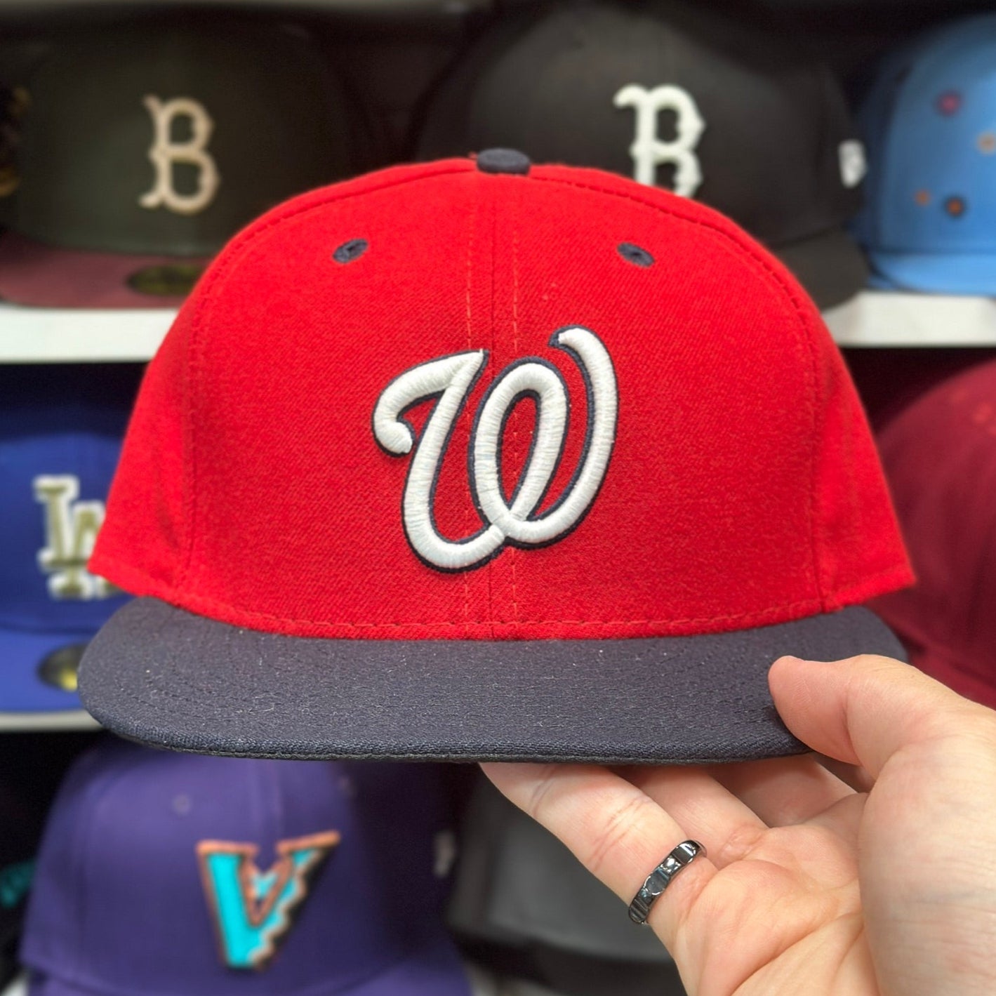 Washington Nationals MLB Vintage Fitted Hat | New Era 59FIFTY Sized Cap | Red/Black