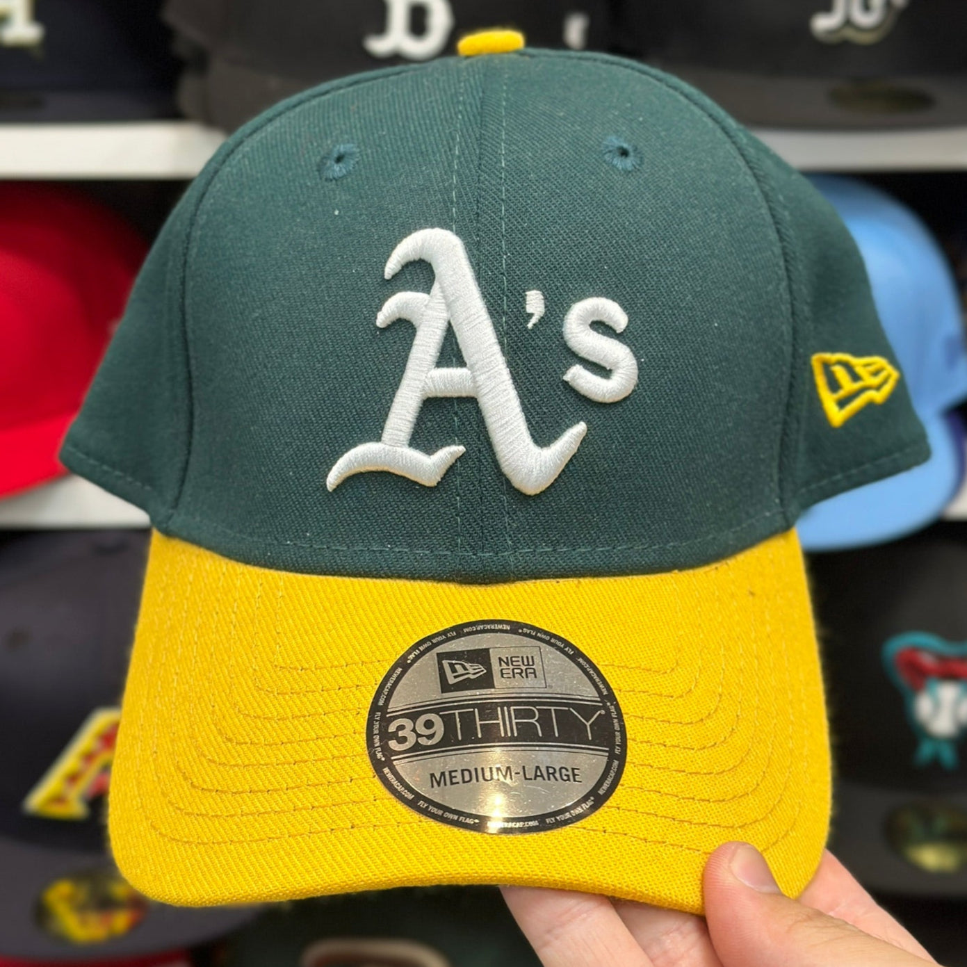 Oakland Athletics MLB Ball Cap | New Era 39THIRTY Adjustable Velcro Strap | Green/Yellow
