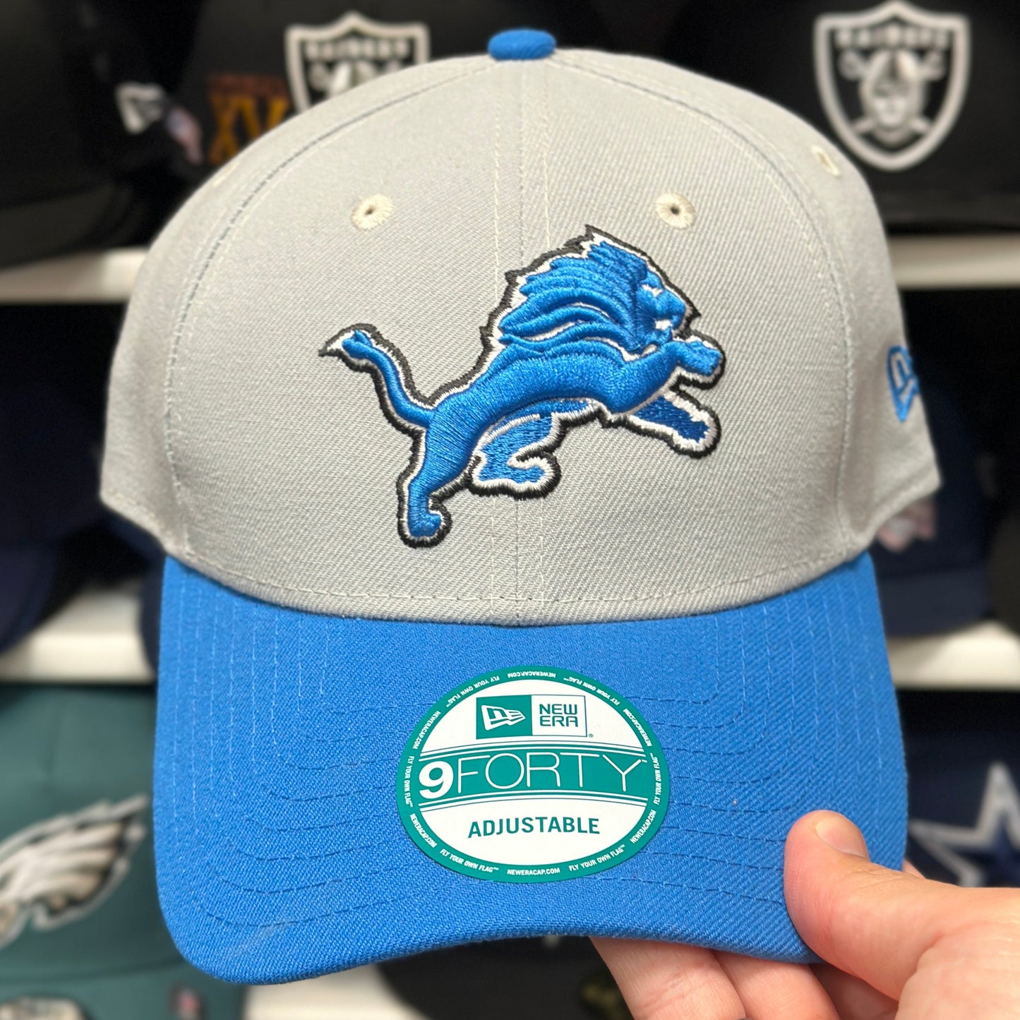 Detroit Lions NFL Ball Cap | New Era 9FORTY Adjustable Velcro Strap | Silver/Blue