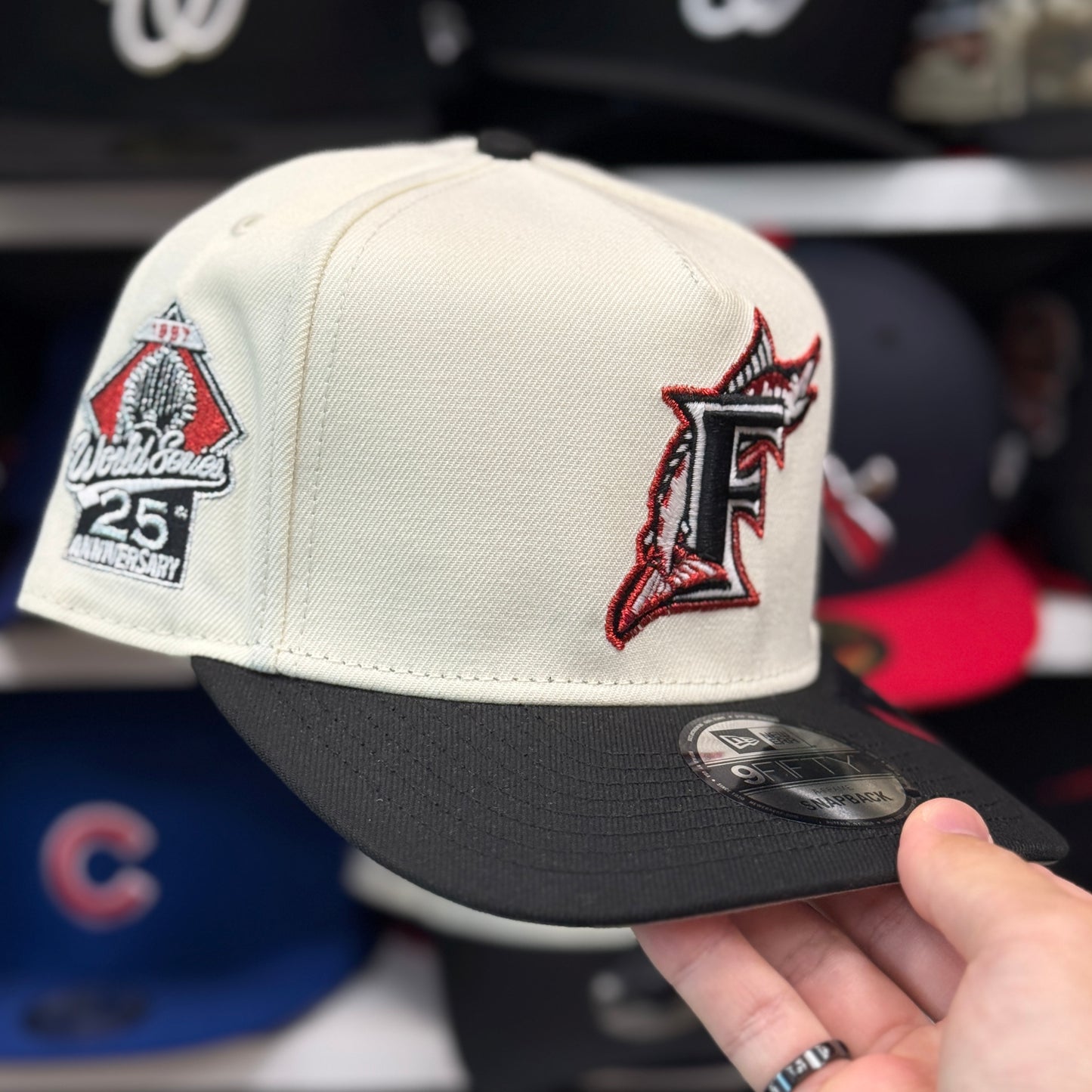 New Era Florida Marlins 'World Series 25th Anniversary' A-Frame Creme/Black Red Chrome 9FIFTY Snapback | Glow in the Dark