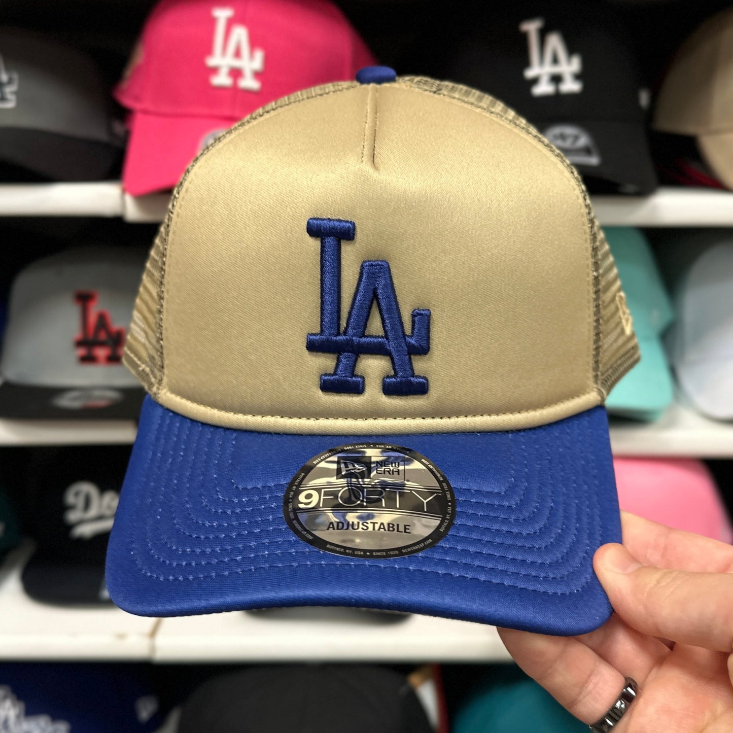 New Era Los Angeles Dodgers Foam A-Frame 9FORTY Trucker Snapback | Beige/Blue