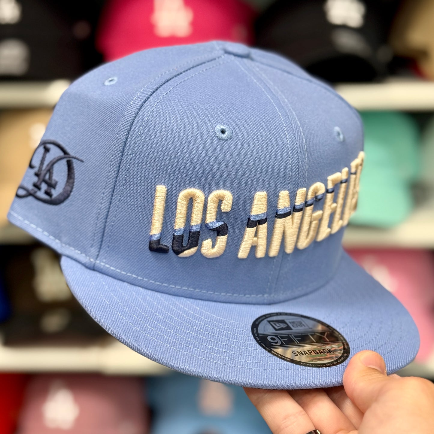 New Era Dodgers 'Los Angeles' Block Font 9FIFTY Snapback Baby Blue