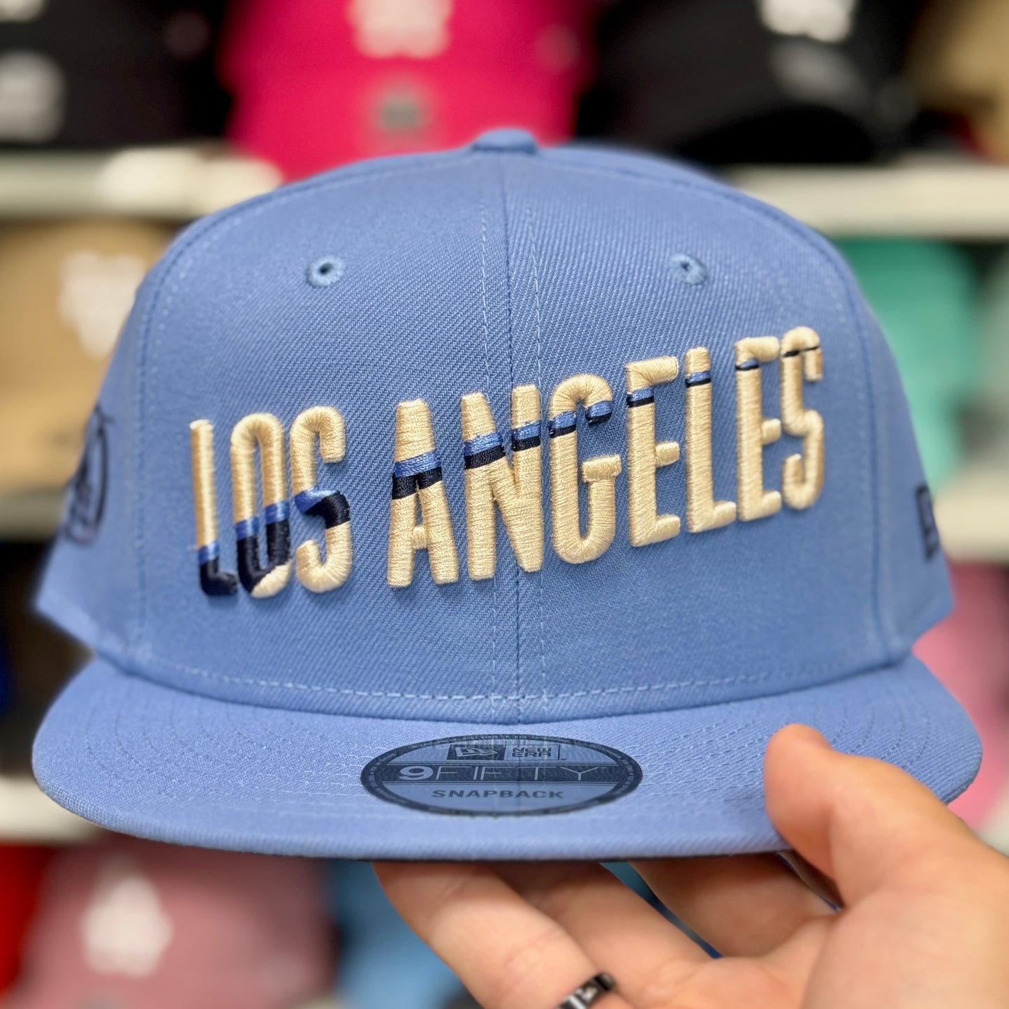 New Era Dodgers 'Los Angeles' Block Font 9FIFTY Snapback Baby Blue