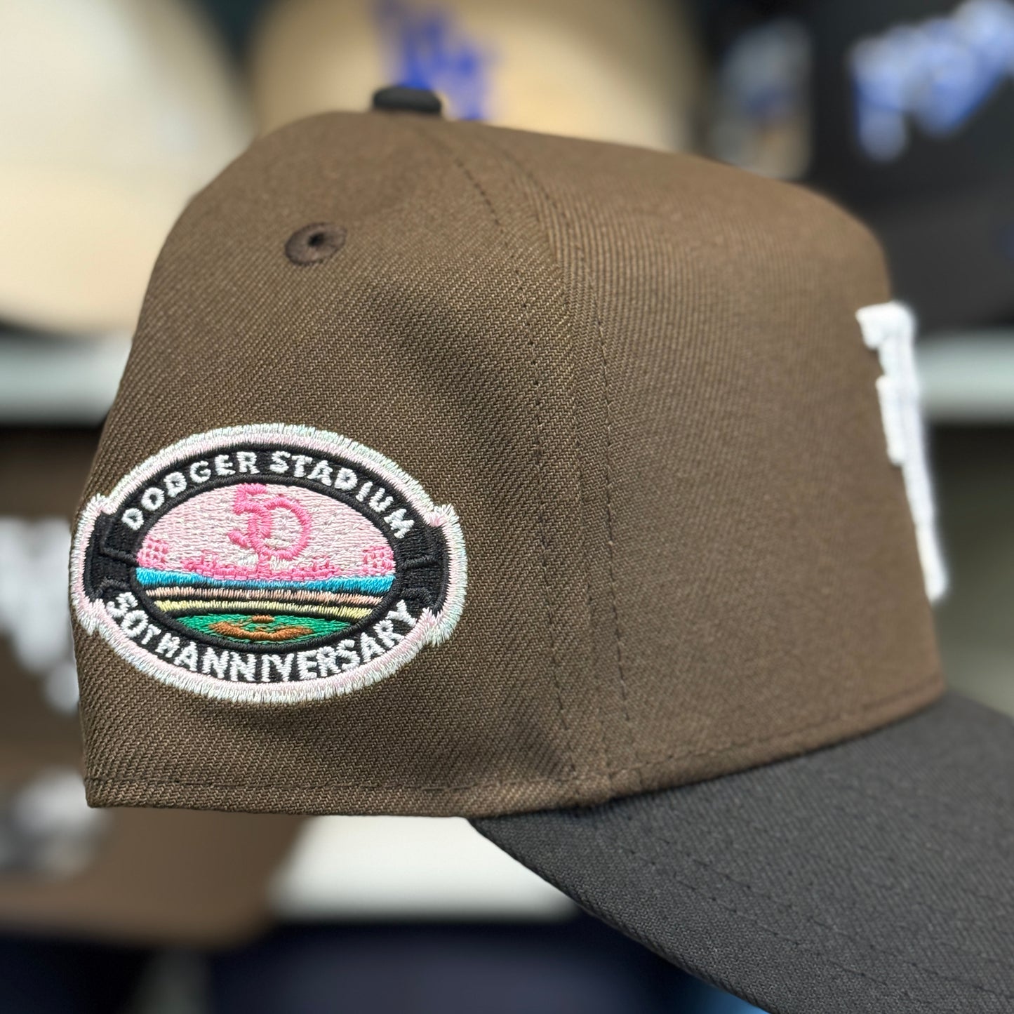 New Era Los Angeles Dodgers '50th Anniversary' Upside Down A-Frame 9FORTY Snapback Brown/Black-Pink Under Brim