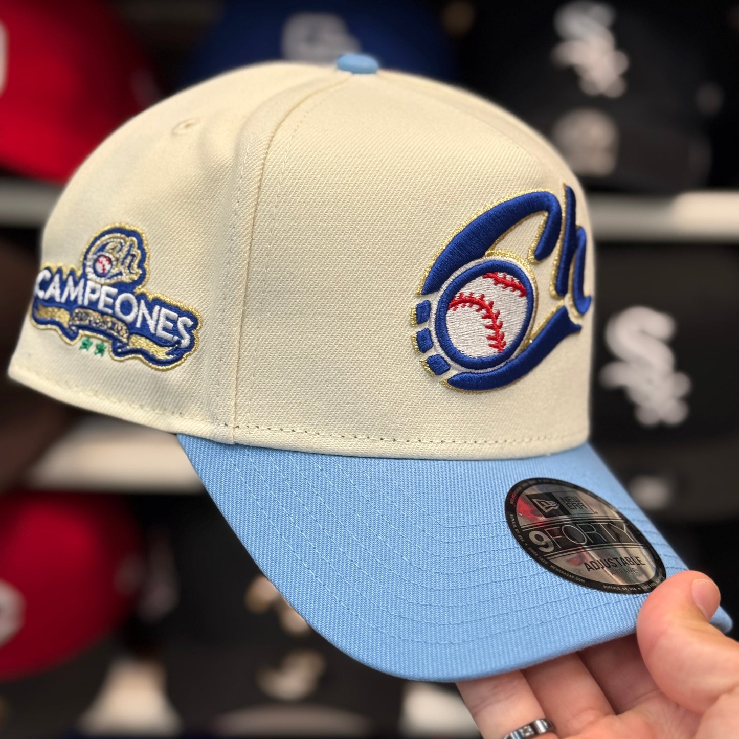 New Era Charros de Jalisco 'Campeones' A-Frame 9FORTY Snapback Ivory/Baby Blue