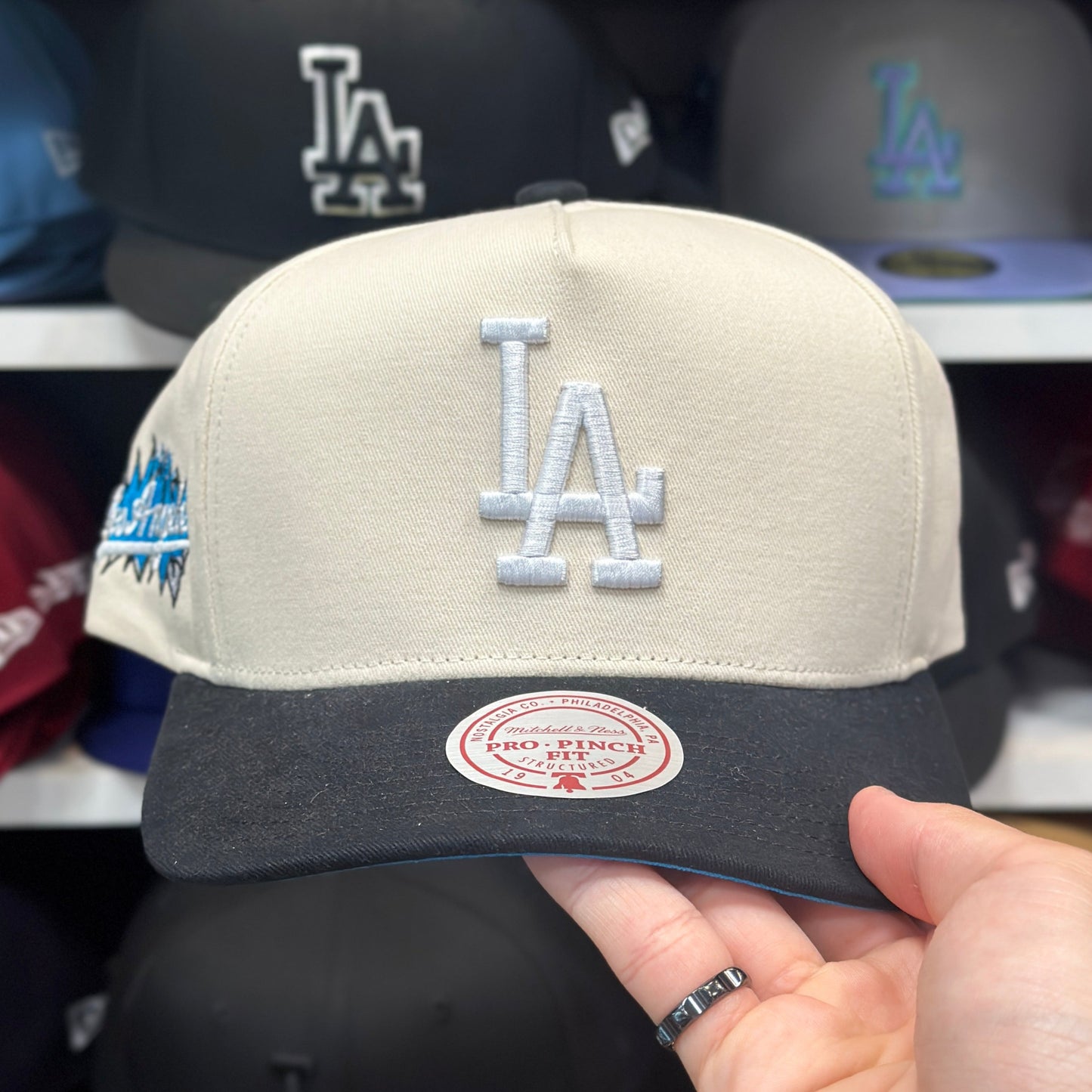 Los Angeles Dodgers Creme/Black A-Frame Mitchell & Ness Snapback | Blue Under Brim