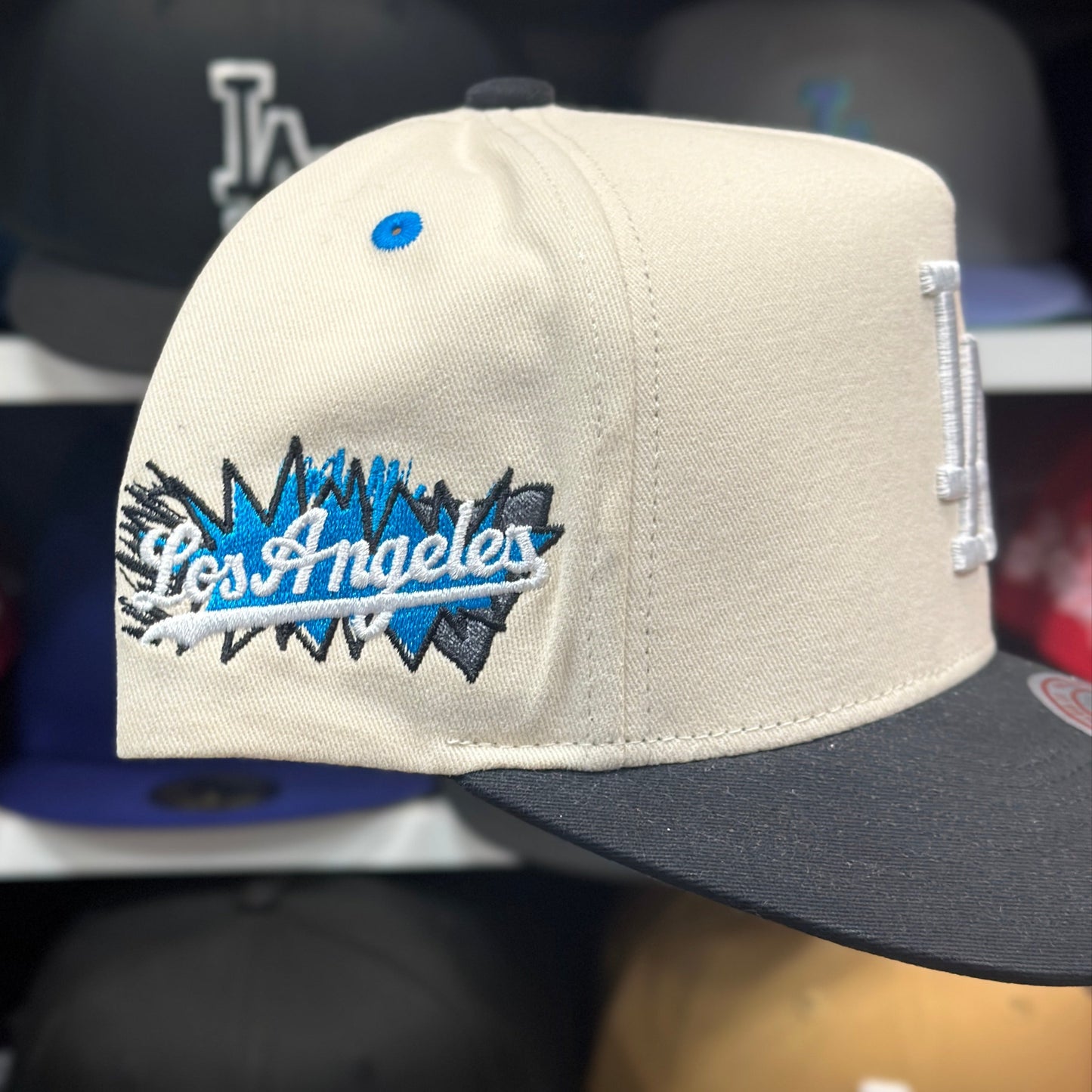 Los Angeles Dodgers Creme/Black A-Frame Mitchell & Ness Snapback | Blue Under Brim