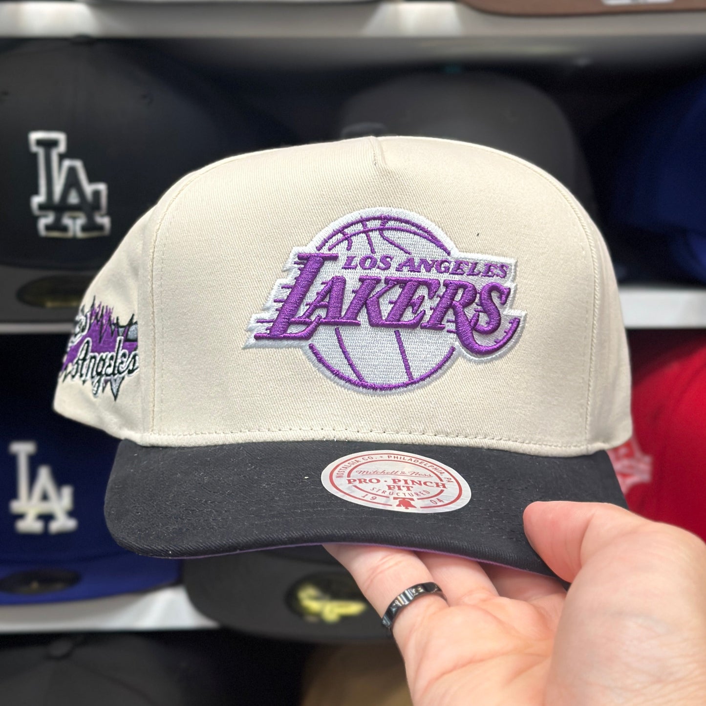 Los Angeles Lakers Creme/Black A-Frame Mitchell & Ness Snapback Creme/Black | Purple Under Brim