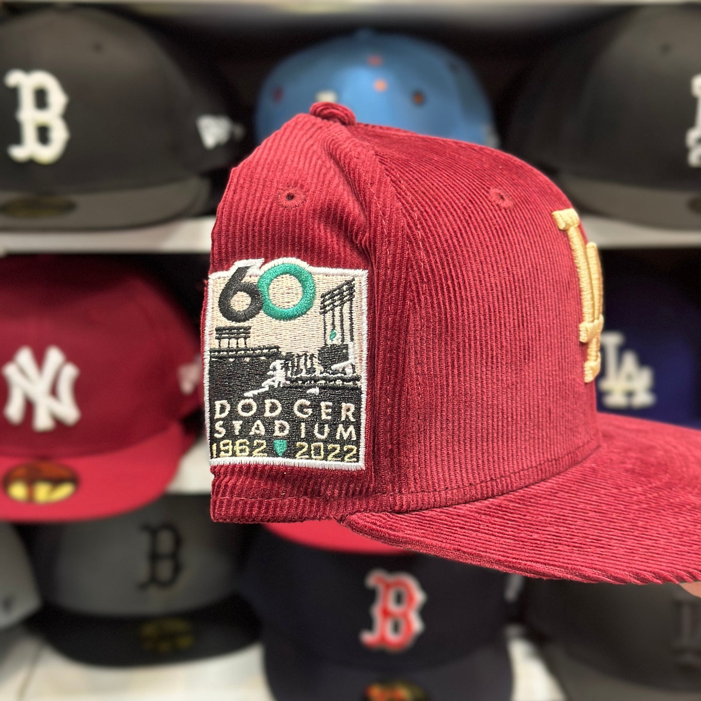 LA Dodgers MLB 60th Anniversary Side Patch | New Era 59FIFTY Fitted Cap | Maroon