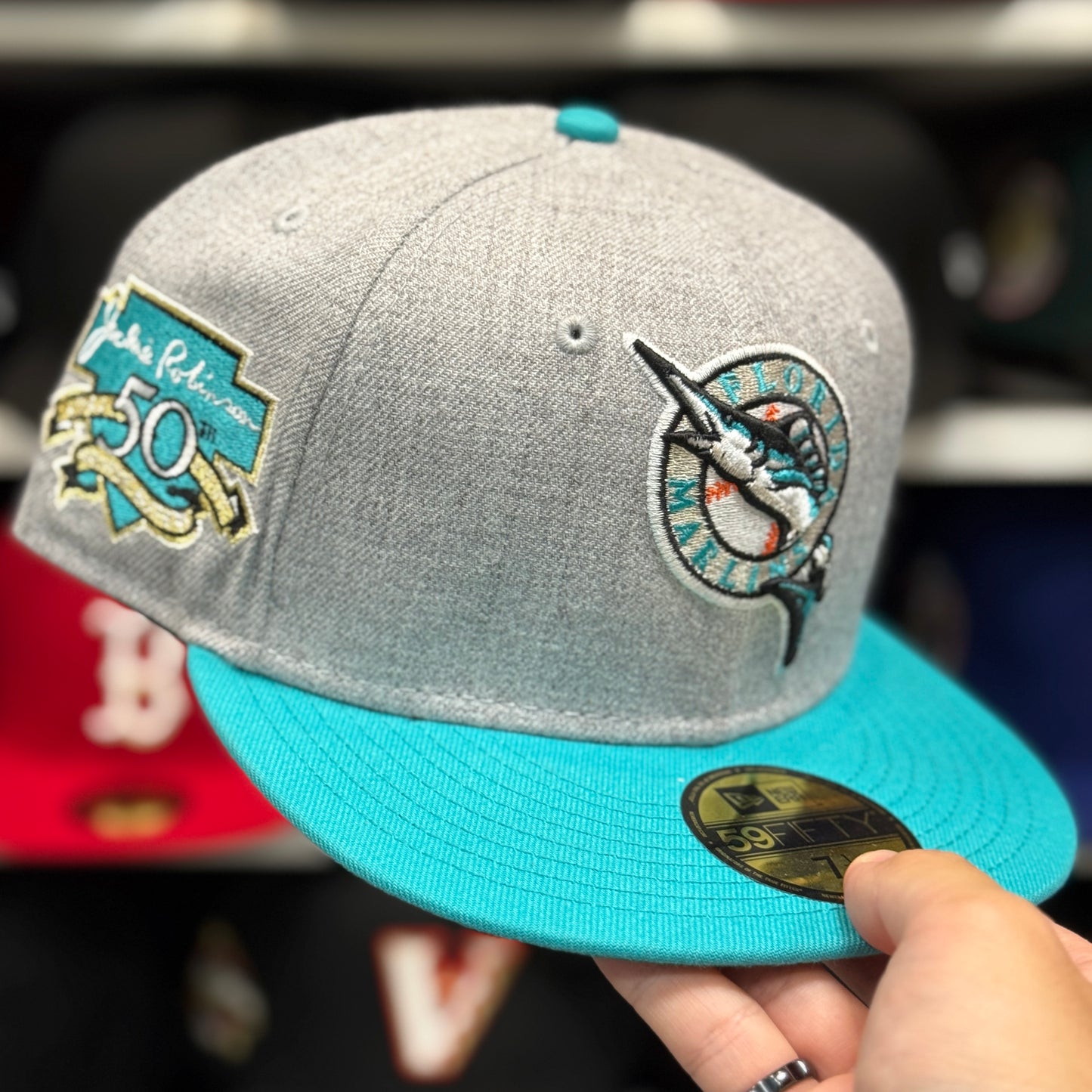 New Era Florida Marlins 'Jackie Robinson 50th Anniversary' 59FIFTY Fitted Hat | Silver/Teal