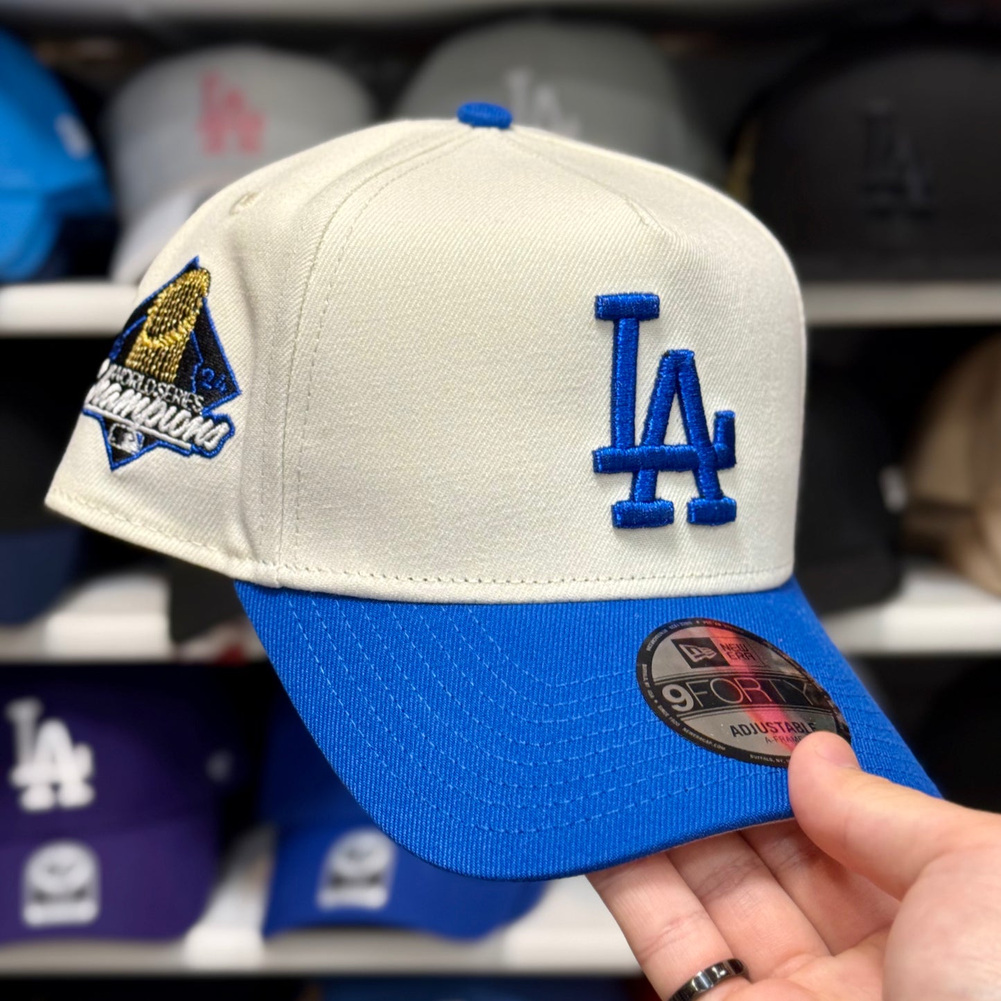 New Era LA Dodgers '2024 World Series Champions' A-Frame 9FORTY Snapback Ivory/Blue