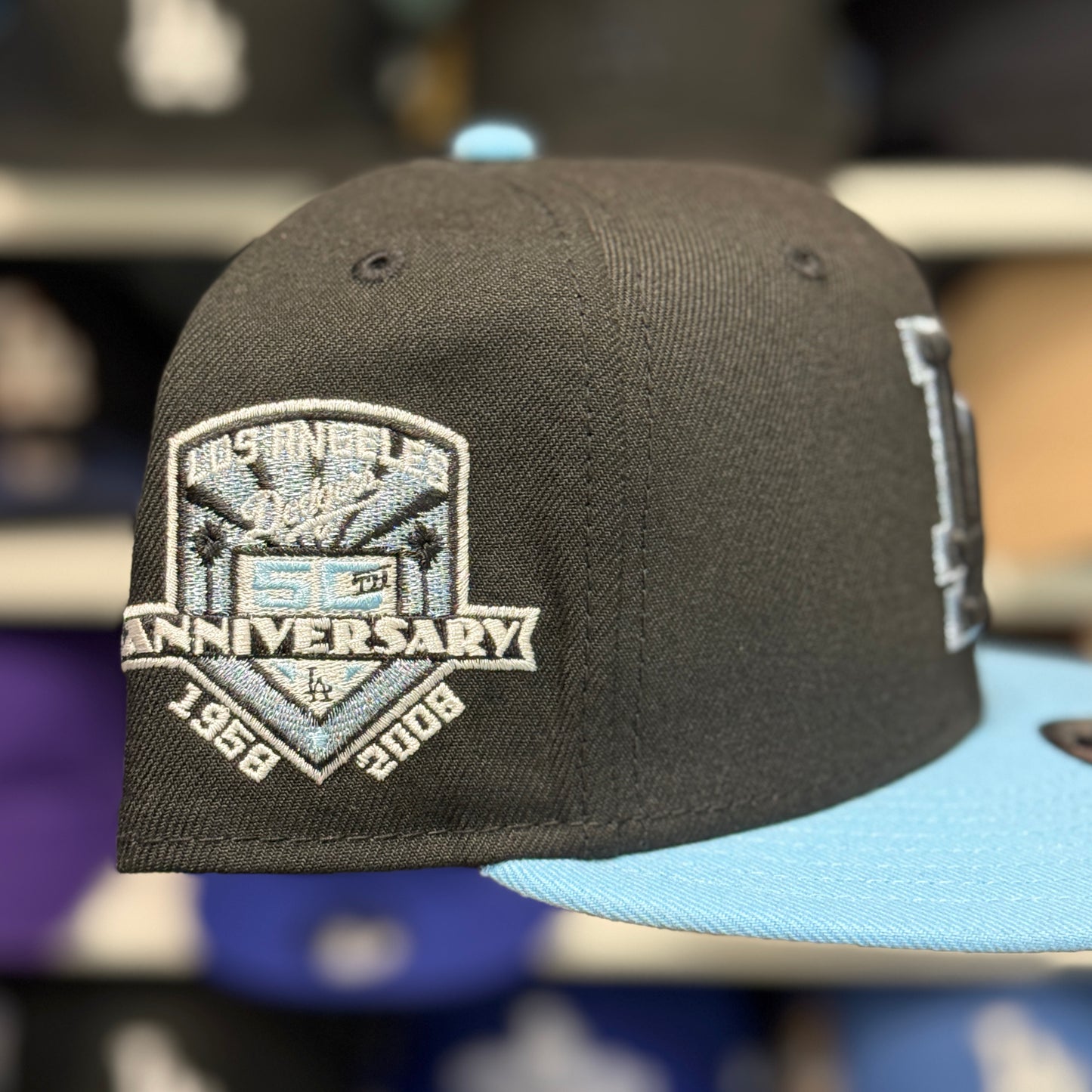 New Era Los Angeles Dodgers '50th Anniversary' Black/Baby Blue Chrome Stitch 9FIFTY Snapback