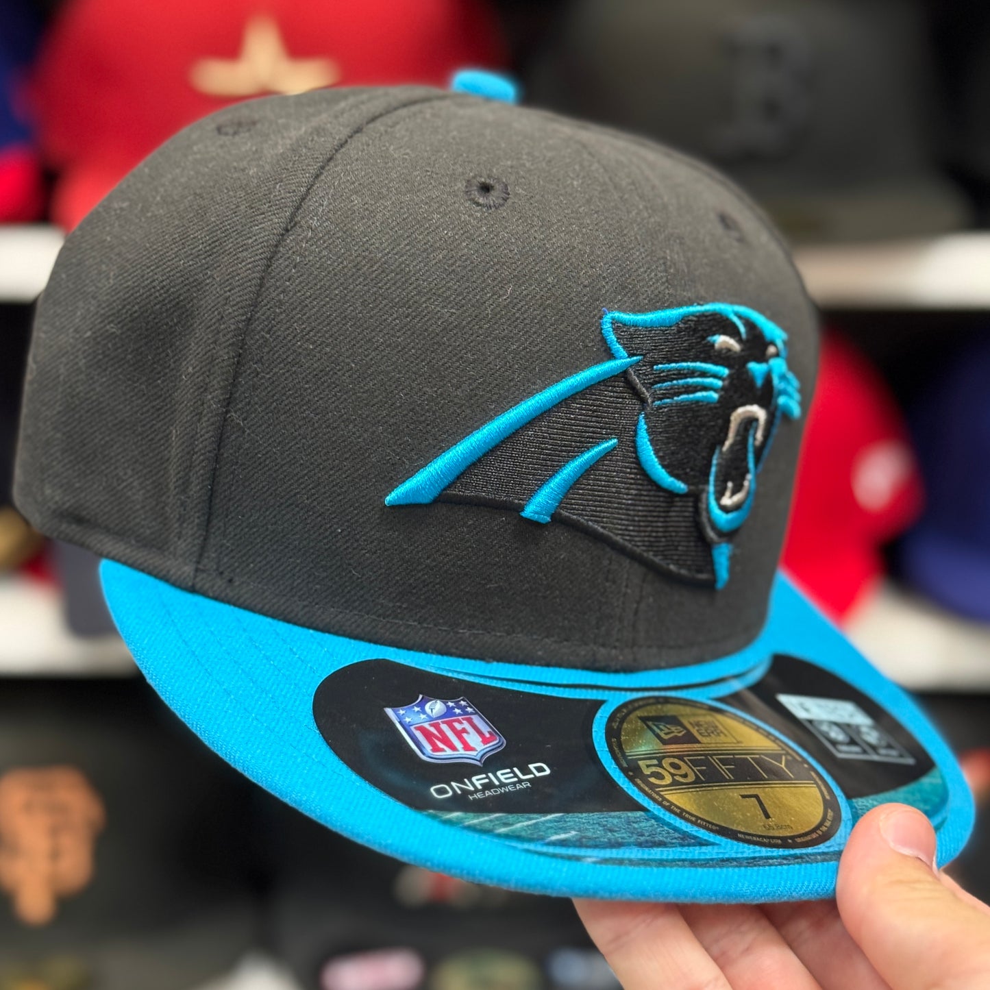 New Era Carolina Panthers Black/Blue 59FIFTY Fitted Hat | Size 7