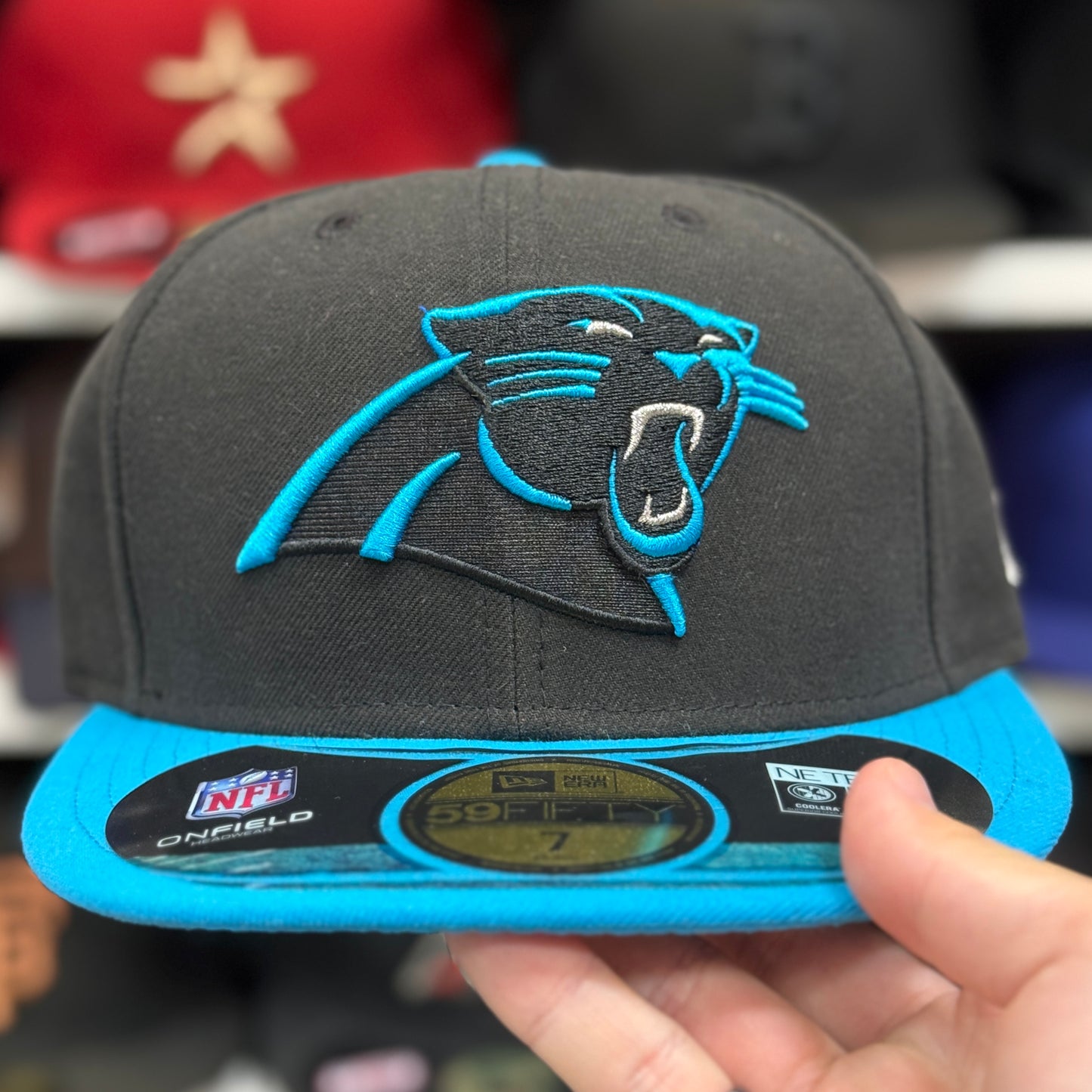 New Era Carolina Panthers Black/Blue 59FIFTY Fitted Hat | Size 7