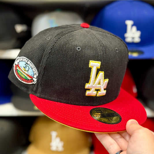 New Era Los Angeles Dodgers '50th Anniversary' Black Corduroy/Red59FIFTY Fitted Hat | Yellow Under Brim