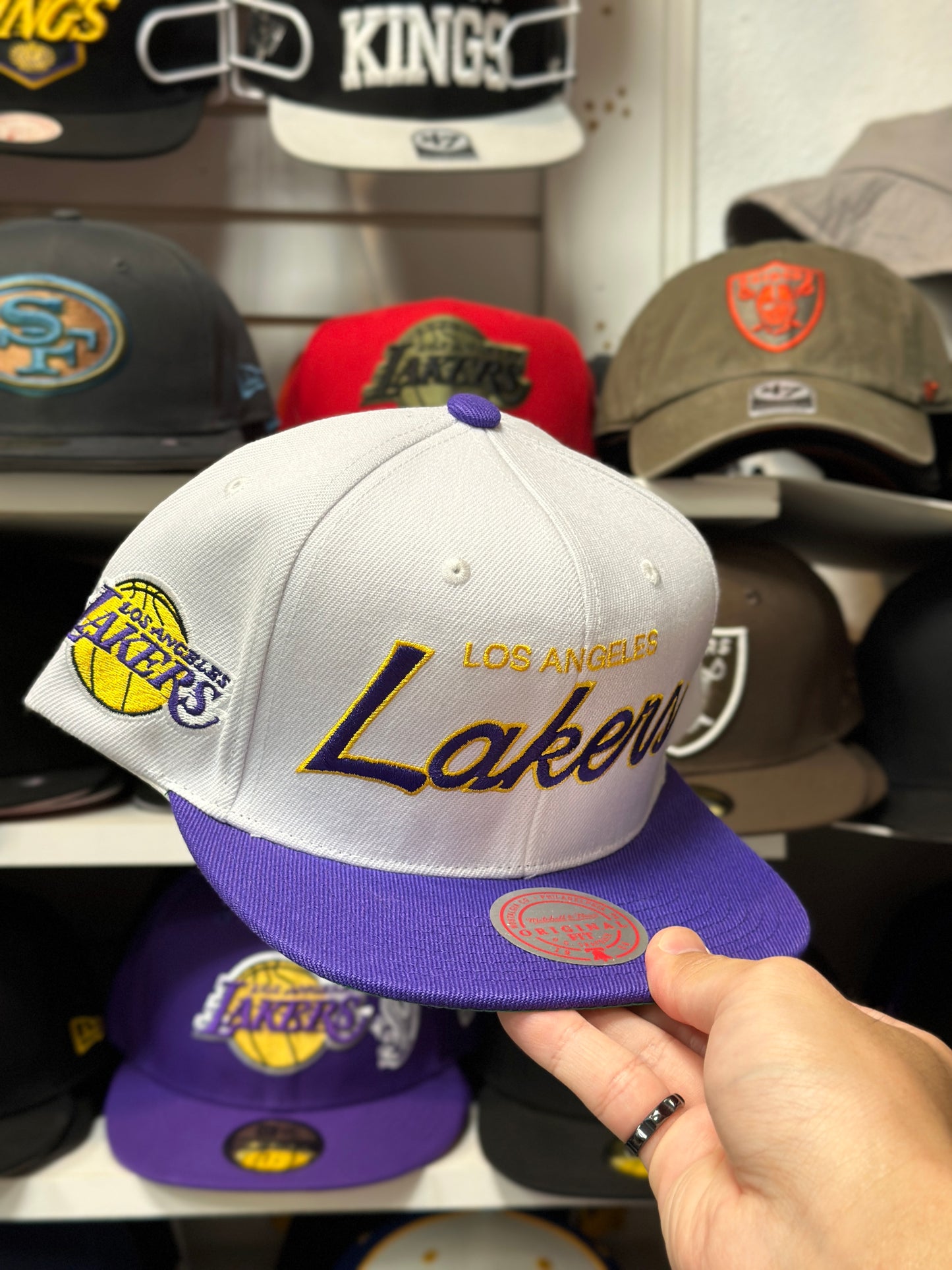 LA Lakers NBA Script Logo | Vintage Mitchell & Ness Original Fit Adjustable Snapback | White/Purple