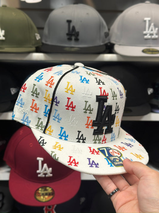 LA Dodgers MLB Fitted Hat | Vintage American Needle Sized Cap | White/Multicolor