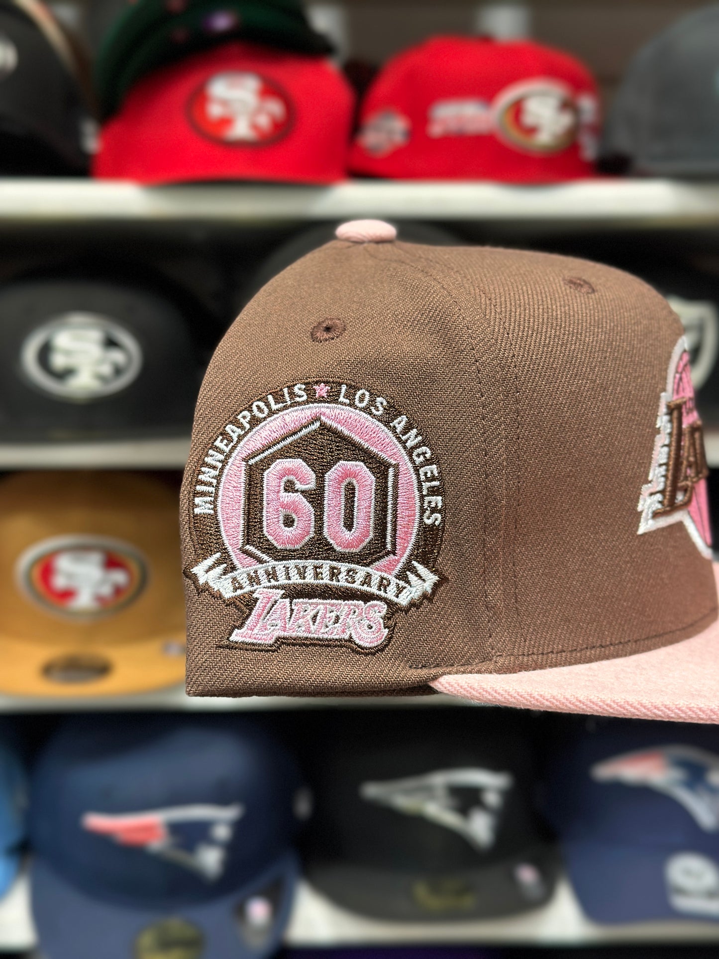 LA Lakers NBA 60th Anniversary | Mitchell & Ness Original Fit Adjustable Snapback | Brown/Pink