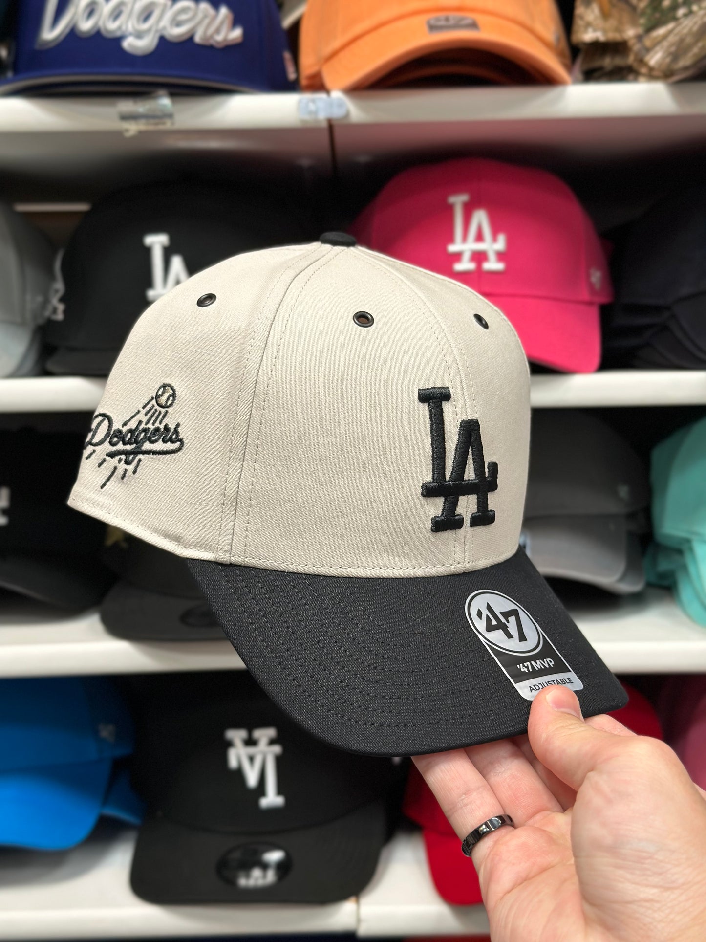 LA Dodgers MLB Ball Cap | '47 Brand MVP Adjustable Curve Cap | Creme/Black