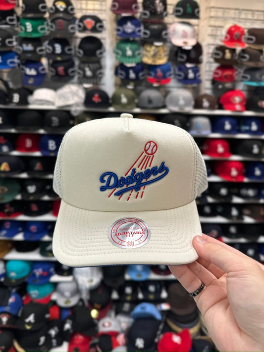 LA Dodgers MLB Trucker Hat | Adjustable Fit Mitchell & Ness Snapback | Cream