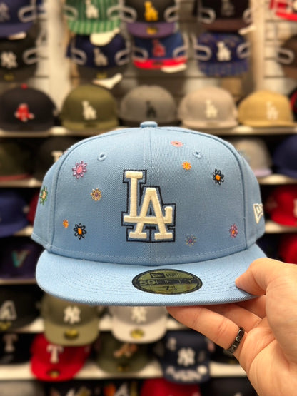 LA Dodgers MLB Floral Patches | New Era 59FIFTY Fitted Cap | Light Blue