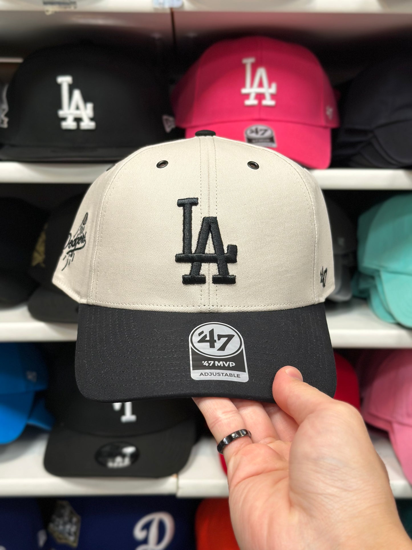 LA Dodgers MLB Ball Cap | '47 Brand MVP Adjustable Curve Cap | Creme/Black