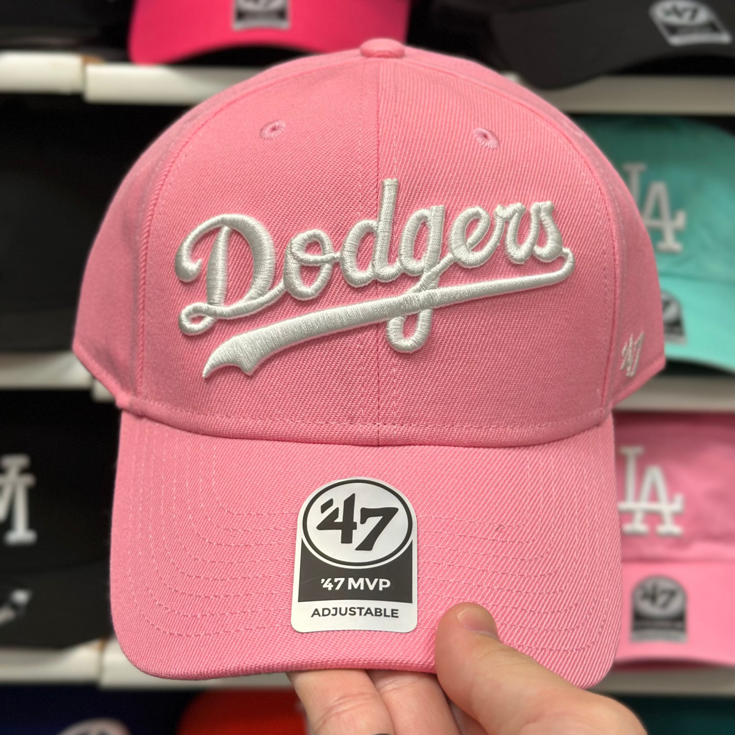 LA Dodgers MLB Script Ball Cap | '47 Brand MVP Adjustable Curve Cap | Pink