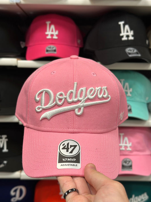 LA Dodgers MLB Script Ball Cap | '47 Brand MVP Adjustable Curve Cap | Pink