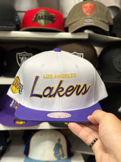 LA Lakers NBA Script Logo | Vintage Mitchell & Ness Original Fit Adjustable Snapback | White/Purple