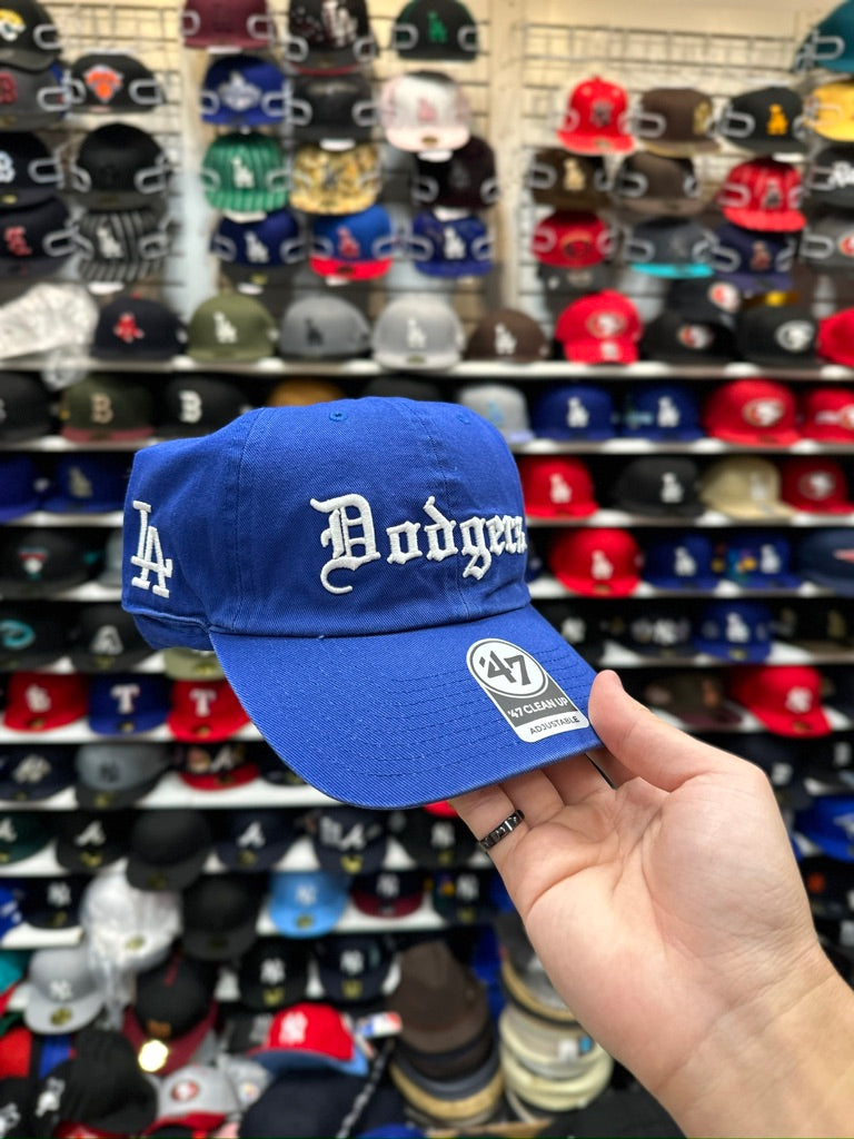 LA Dodgers MLB Dad Cap Old English Font | '47 Brand Clean Up Adjustable Curve Hat | Blue