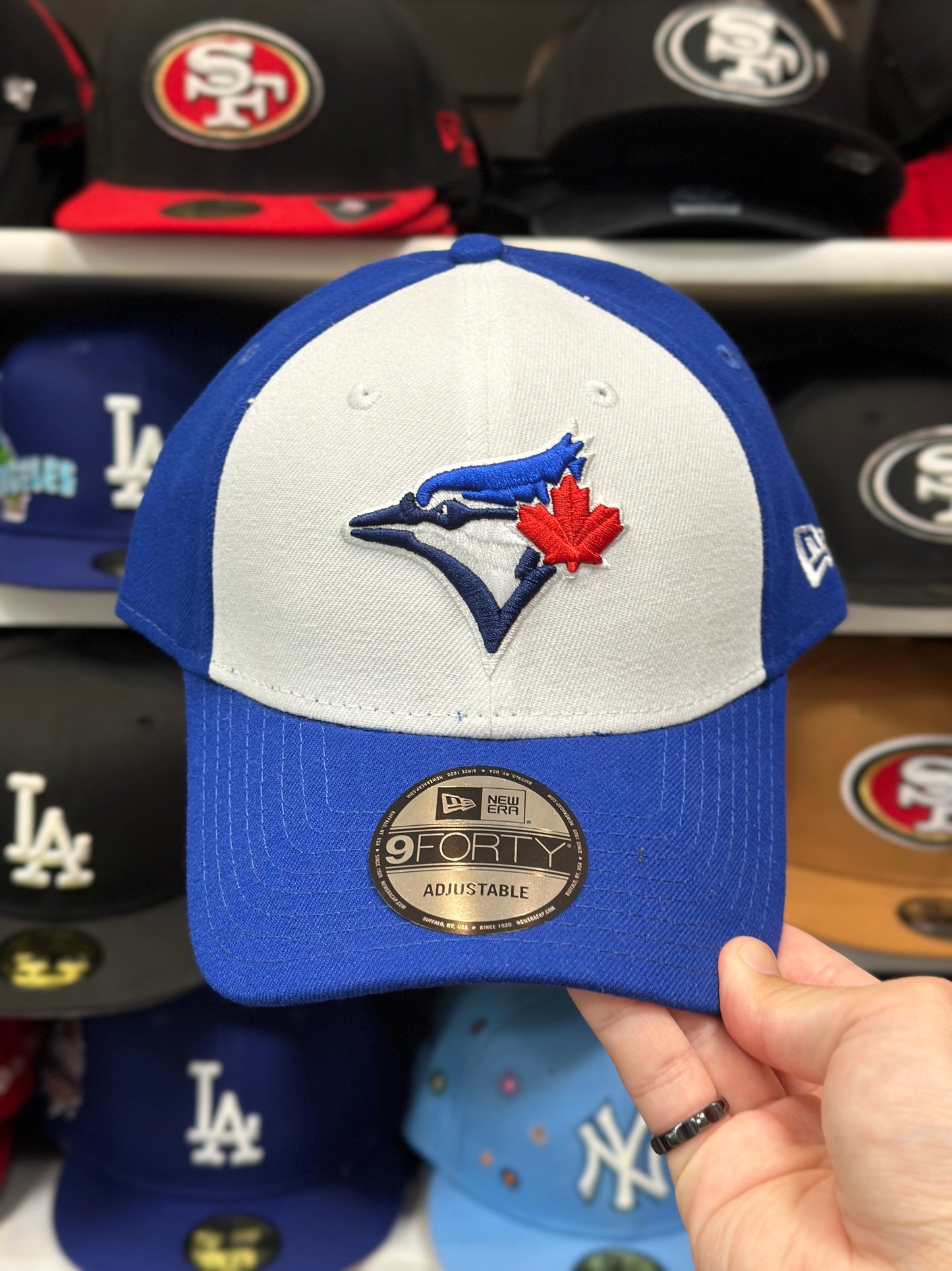 Toronto Blue Jays MLB Ball Cap | New Era 9FORTY Adjustable Velcro Strap | White/Blue