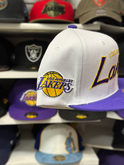 LA Lakers NBA Script Logo | Vintage Mitchell & Ness Original Fit Adjustable Snapback | White/Purple