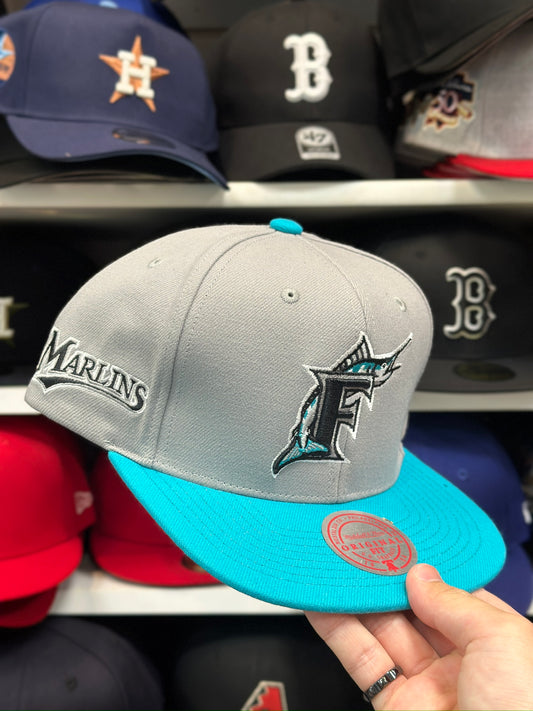 Florida Marlins MLB Snapback | Mitchell & Ness Original Fit Adjustable Hat | Silver/Teal