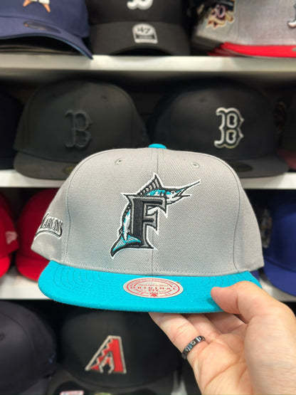 Florida Marlins MLB Snapback | Mitchell & Ness Original Fit Adjustable Hat | Silver/Teal