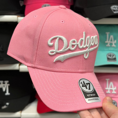 LA Dodgers MLB Script Ball Cap | '47 Brand MVP Adjustable Curve Cap | Pink